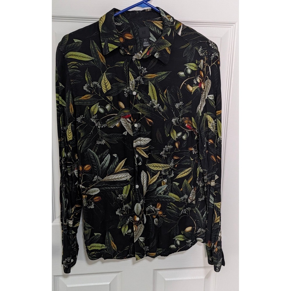 HM Mens Slim Fit Long Sleeve Button Up Shirt Black Botanical Bird Print Small